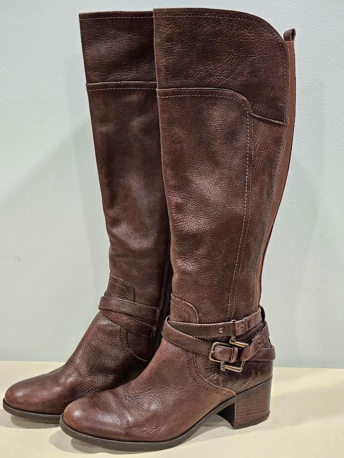 Mark Fisher Brown Leather Knee High Boots Size 8.5 M Elastic Back Chic Boho