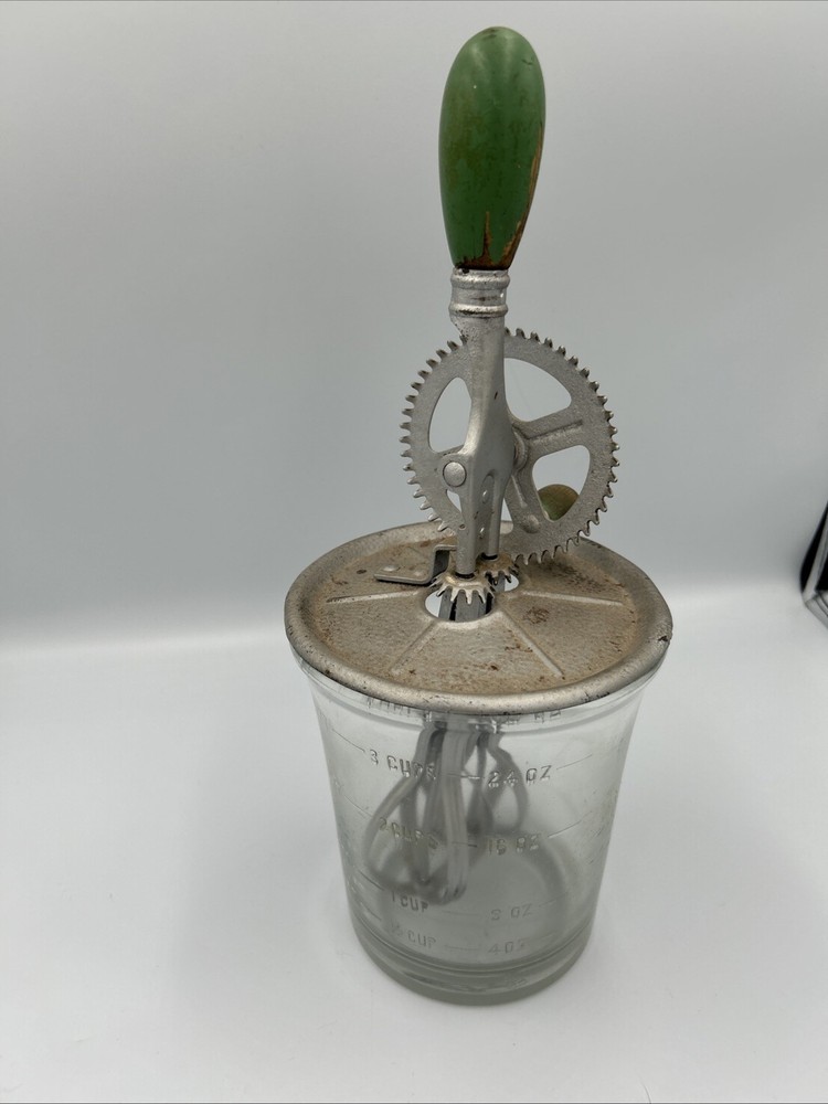 Vintage Glass Jar Egg Beater Hand Crank Mixer Green Handle Metal Lid