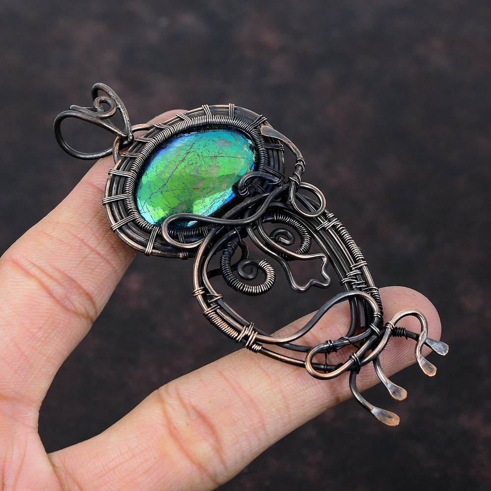 Handcrafted Copper Wire Wrapped Mystic Fire Labradorite Pendant