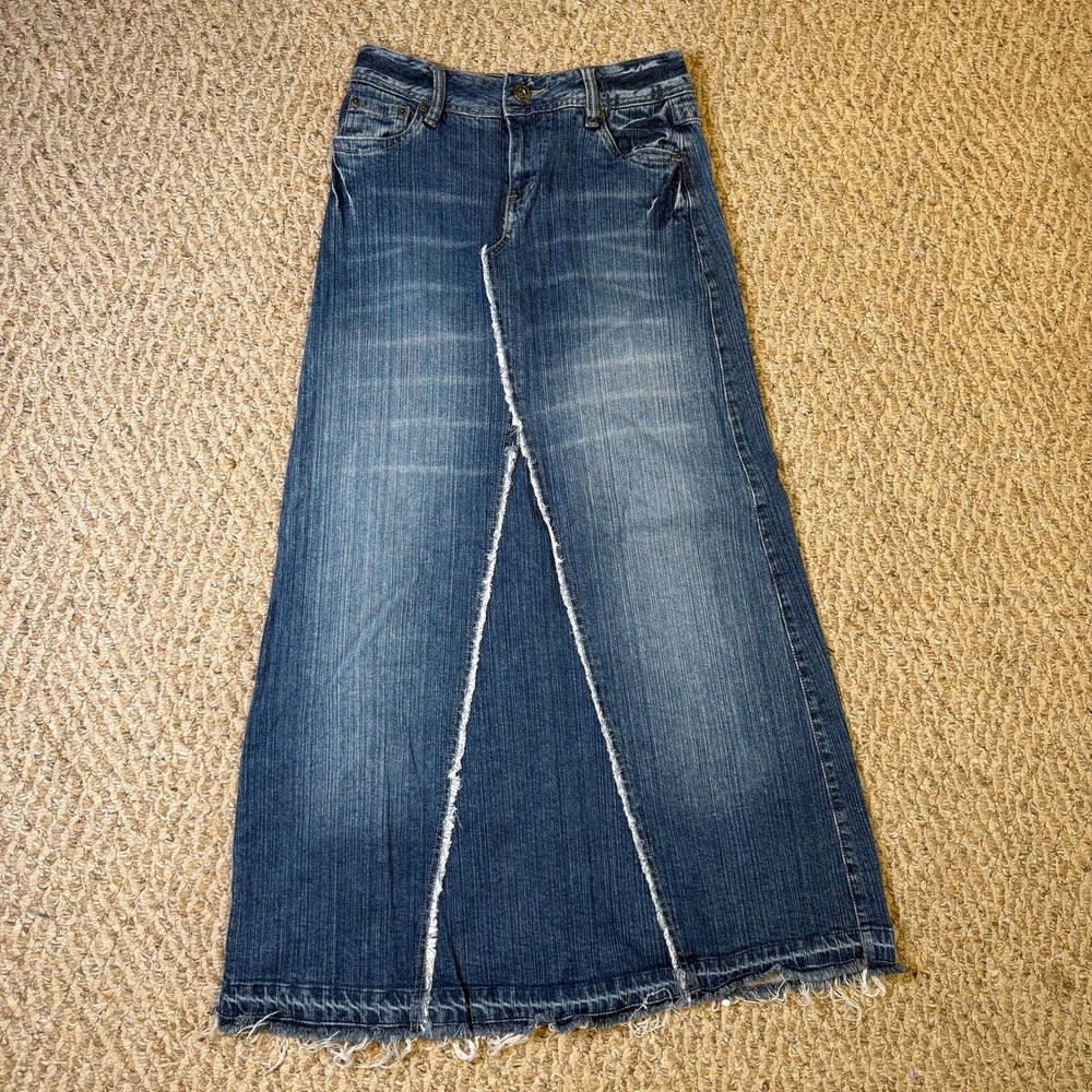 Vtg Mudd Long Y2K Frayed Raw Bottom Hem Women's Blue Denim Jeans Skirt 90s Sz 0