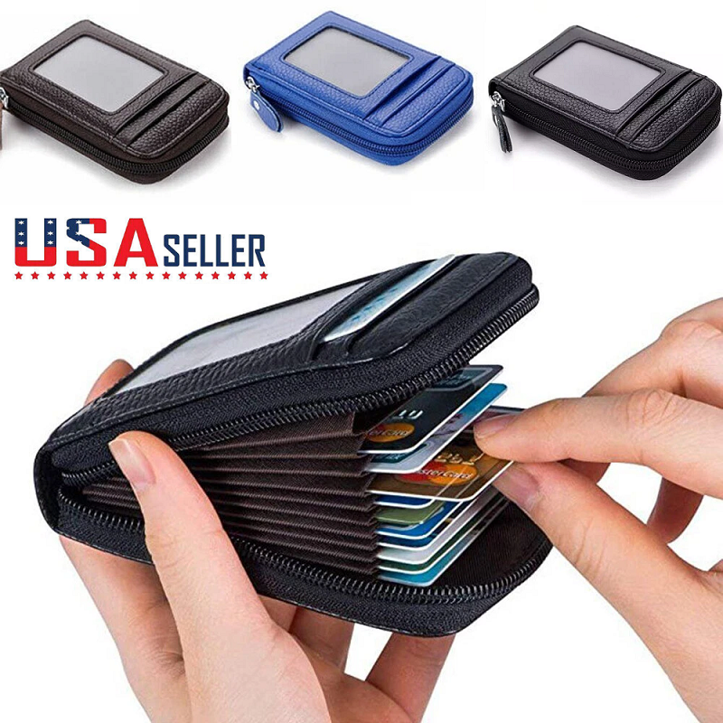 Men Women RFID Blocking Leather Accordion Wallet Credit Card Holder Zipper Purse