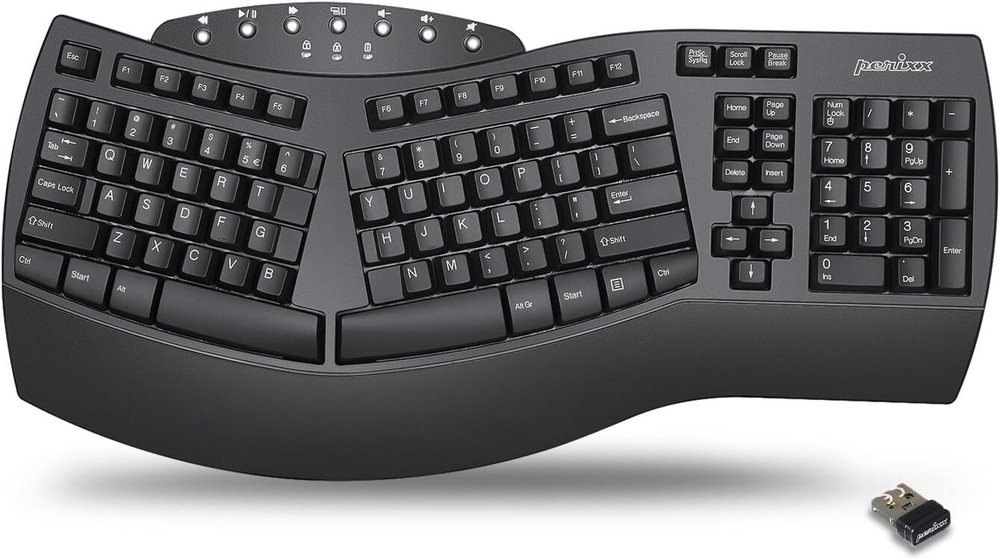 Perixx PeriBoard-612 Split Keyboard Black Bluetooth Wireless Ergonomic 2.4GHz