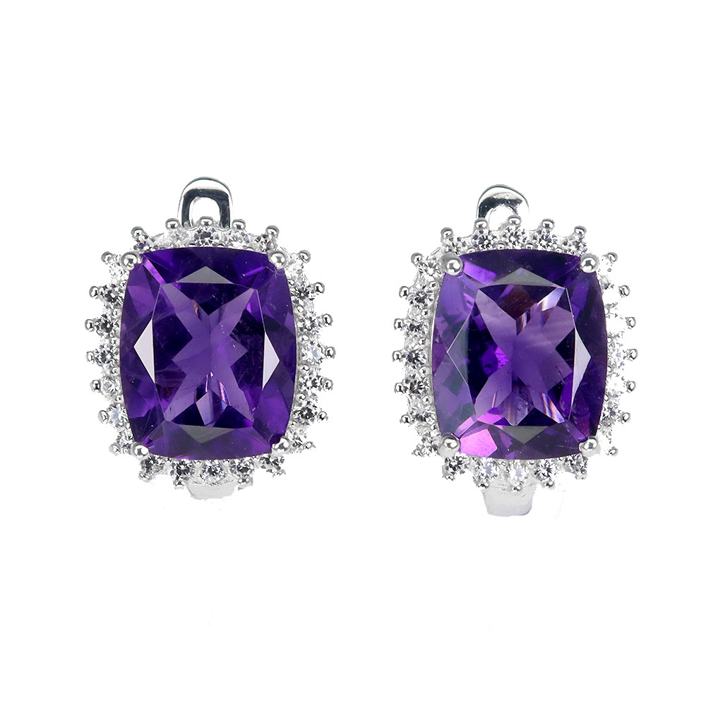 925 Sterling Silver Earrings Antique Amethyst 12x10mm White Zircon Gemstone