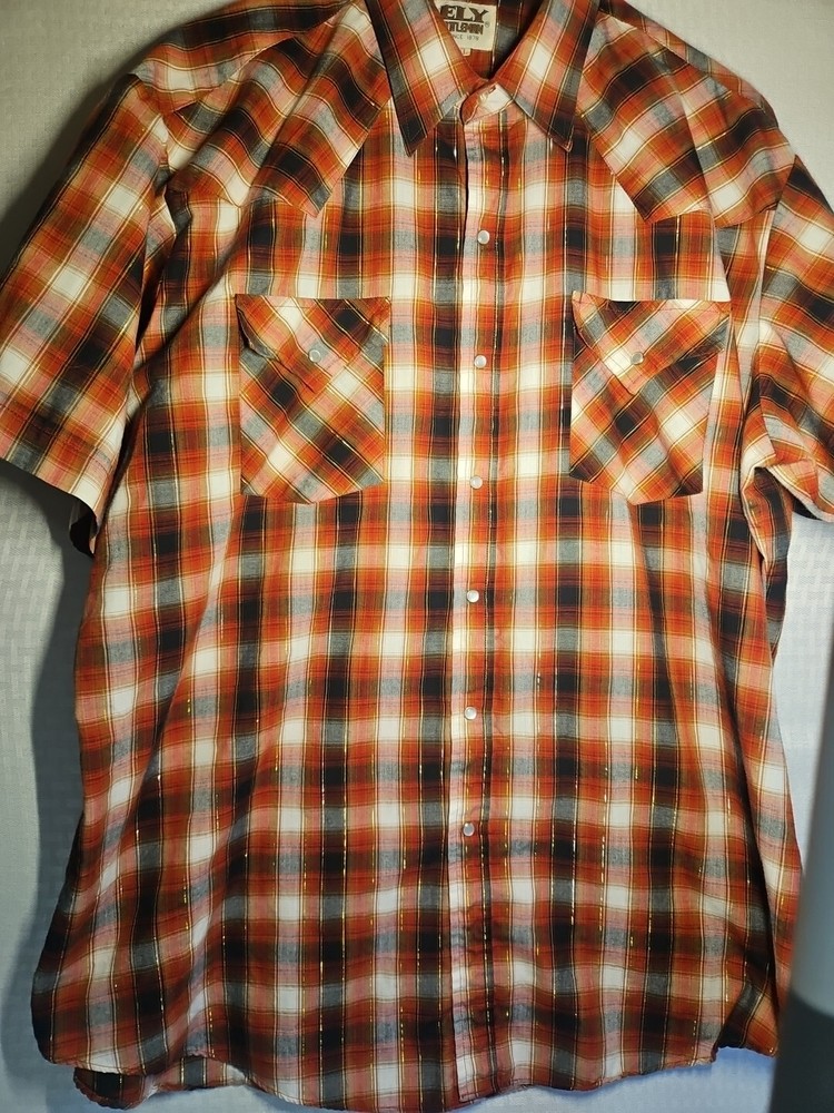 Ely Cattleman, XL, Pearl Snap Button, Red Plaid With  Gold Stripes Western
