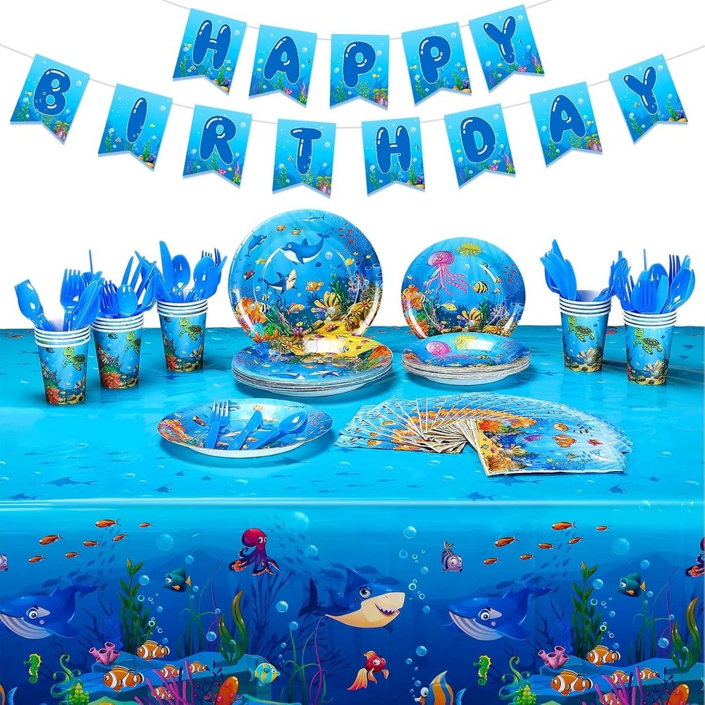 Ocean-themed Birthday Party Set for 24: 171 Pcs of Fun Tableware Essentials