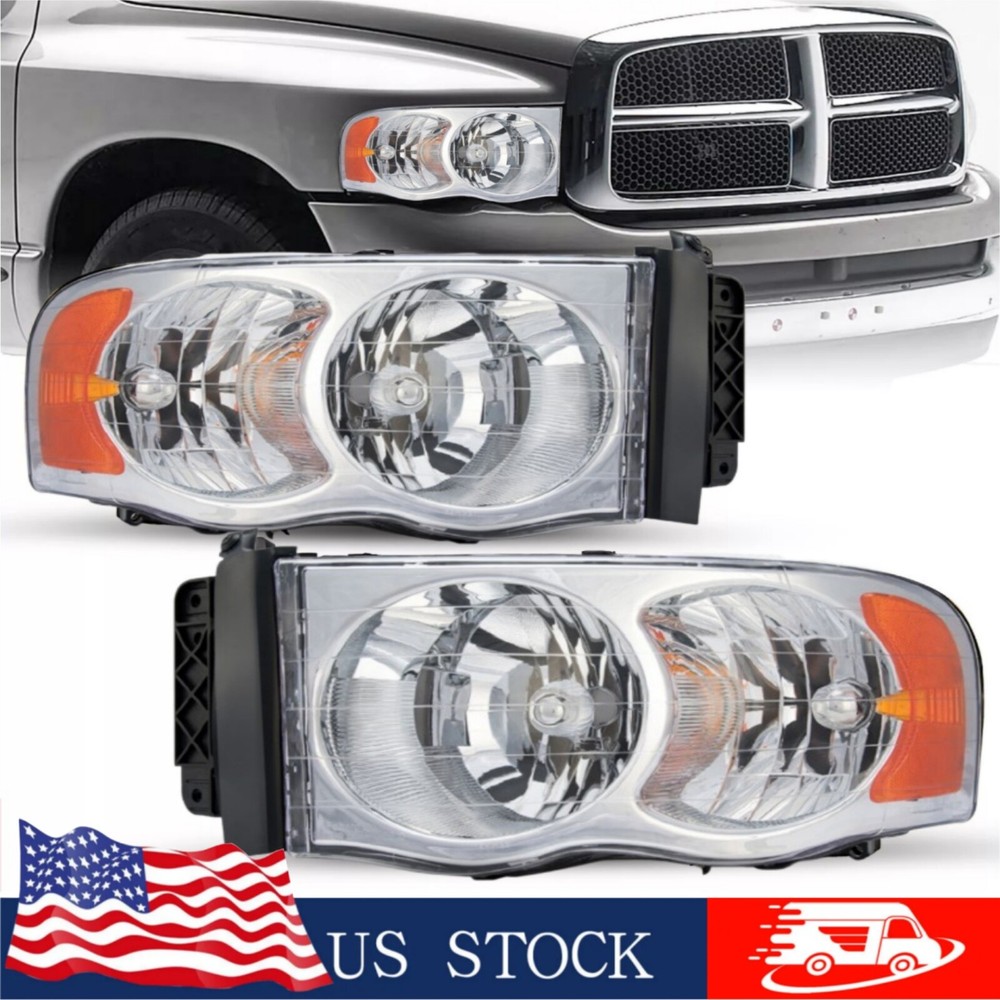 Headlights For 2002-2005 Dodge Ram 1500 2500 3500 Chrome Housing Amber Corner