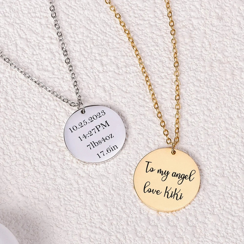 Personalised Disc Necklace, Custom engraved Initial Date, Name Gold Silver Gift