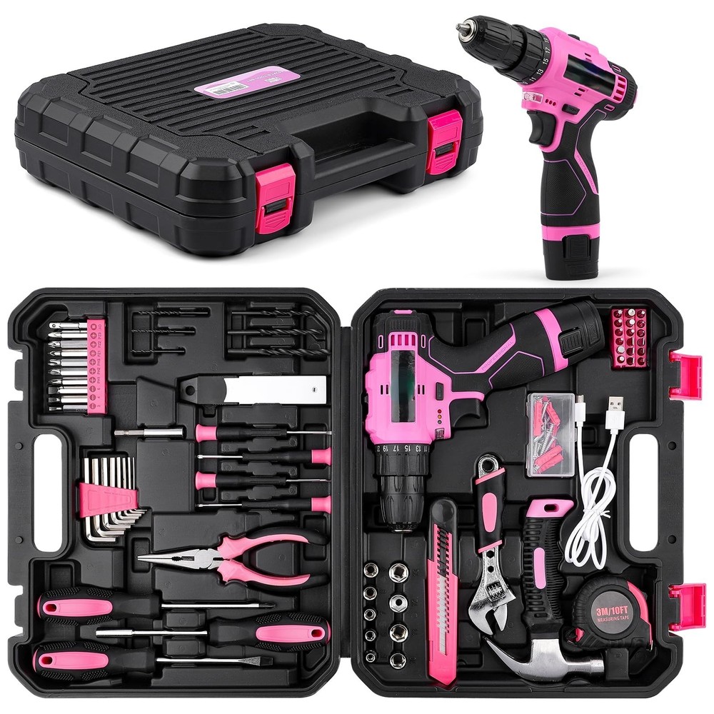 152PCS Heavy Duty Home Tool Kit 12V CordlessDrill PinkHousehold RepairTool Set..