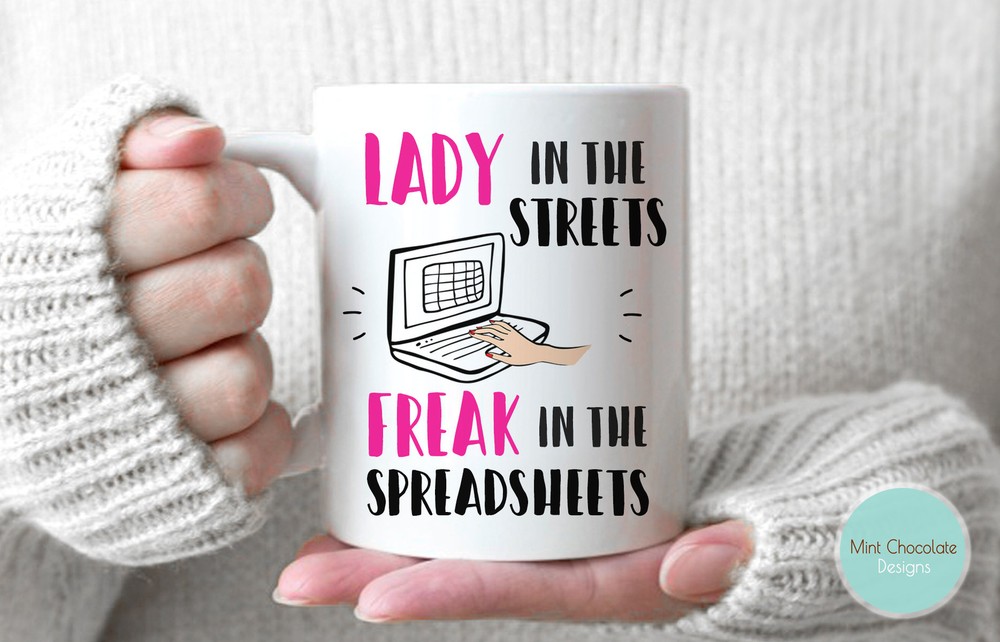 Funny Accountant Mug Lady in Street Freak in Spreadsheets Data Entry Humor