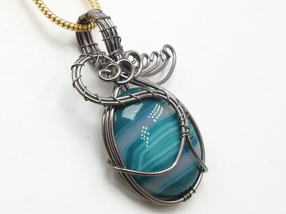 Green Strip Agate Brass Pendant Silver Oxidised Polished Wire Wrapped Jewelry