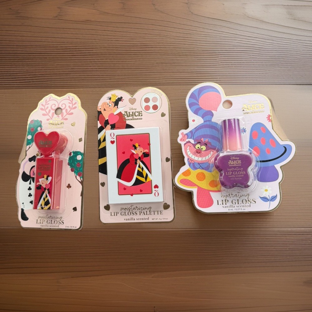 DISNEY Alice In Wonderland/Cheshire Cat Queen Of Hearts, LIP LOT OF 3 Balm Gloss