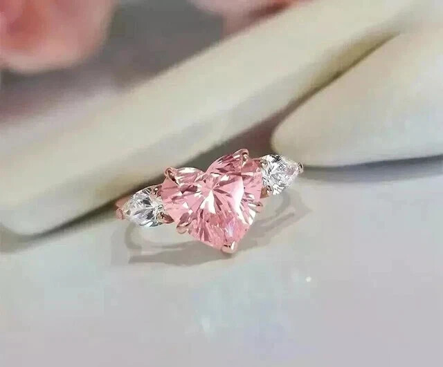 14K Rose Gold Plated 2Ct Heart Cut Lab Created Pink Sapphire Women Wedding Ring