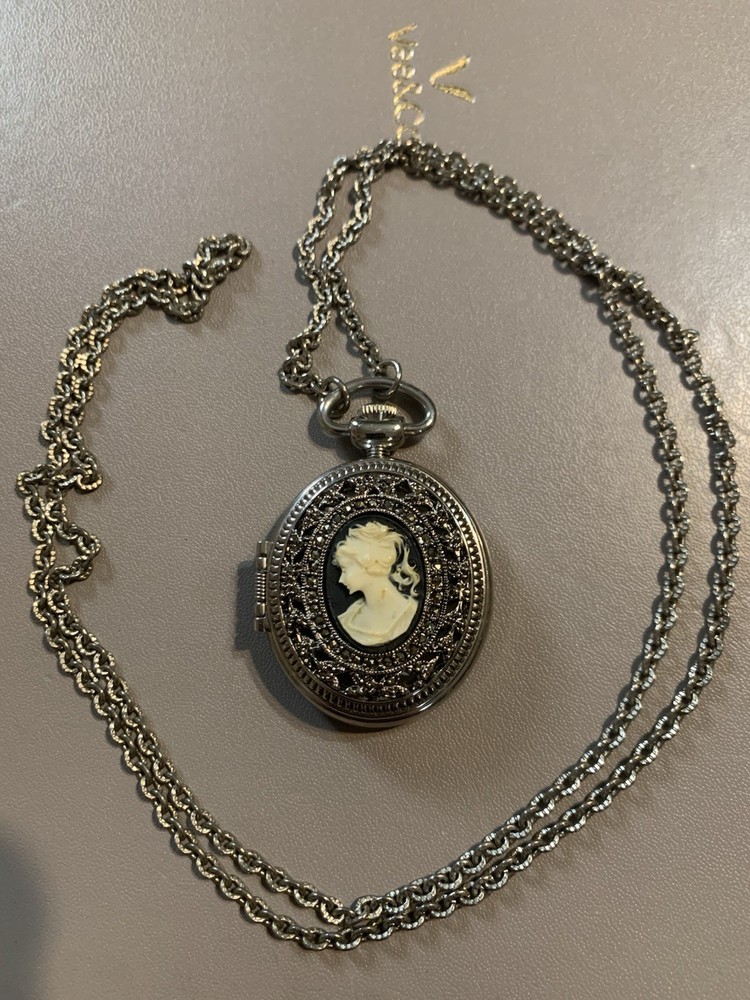 Vintage CACHE CAMEO Marcasite Pendant Locket Watch 28 Inch Chain Silver Tone