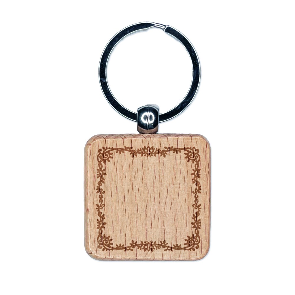 Decorative Ivy Frame Engraved Wood Square Keychain Tag Charm