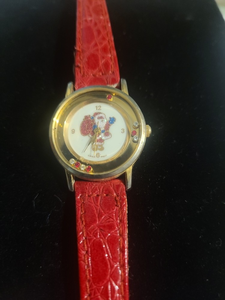Santa Clause Dial Round Gold Tone Case 32 mm Red Leather Band Watch Sold As Is