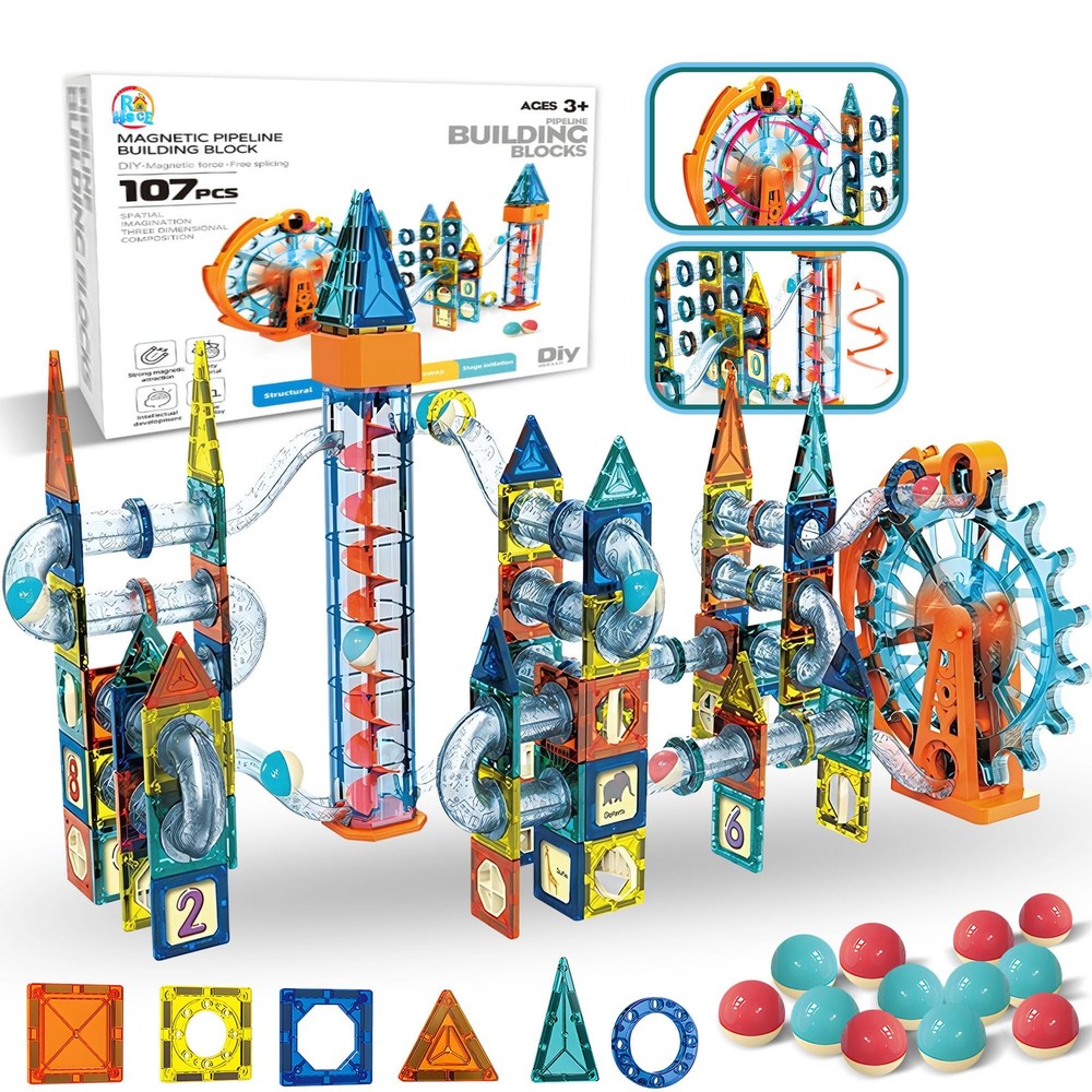 Motorized Marble Run Building Set with 107 Magnetic Tiles and Ferris Wheel