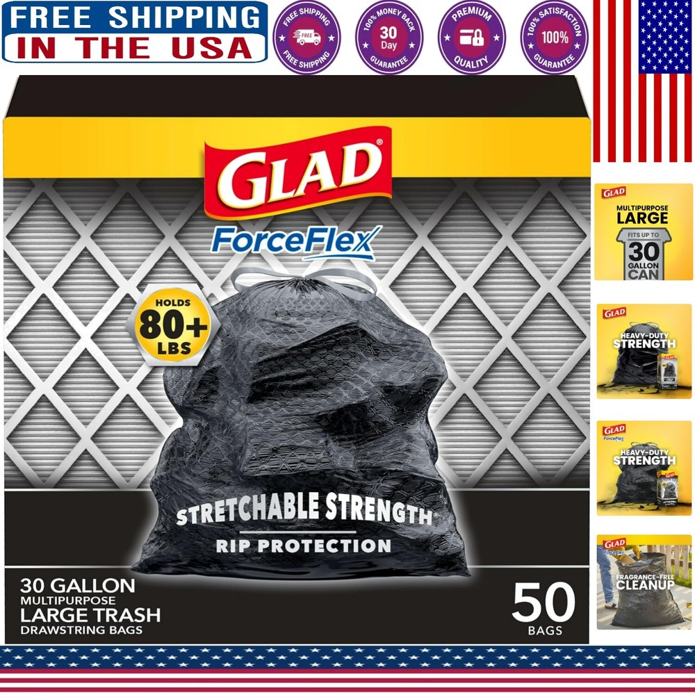 Large Black Trash Bags, 50 Count - Stretchable ForceFlex Technology, 30 Gallon