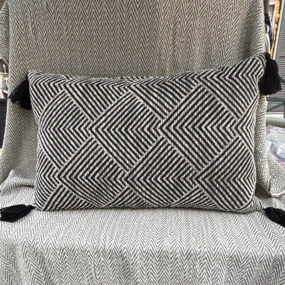 Black White Geometric Rectangular Woven Throw Pillow Textured Tassels Decorative