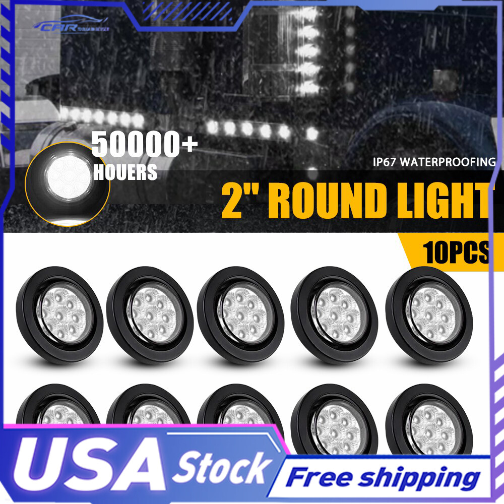 2-Inch 10-Piece DOT Round Clear 9 LED Trailer Marker Lights with Grommet for Trucks, Buses, and Trailers