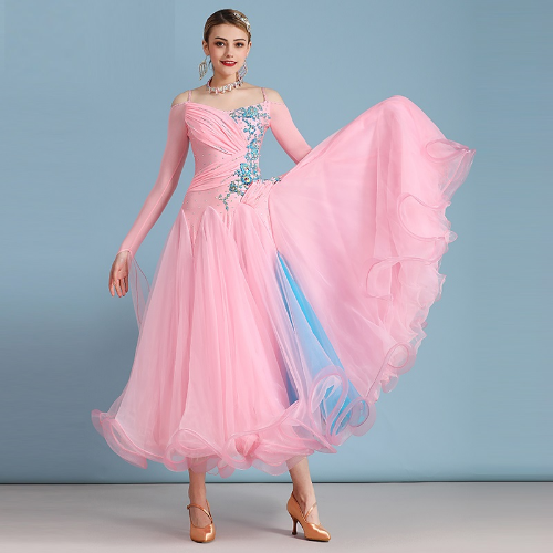 Pink Contrast Color Off Shoulder Ballroom Competition Dance Dress Dance Costumes