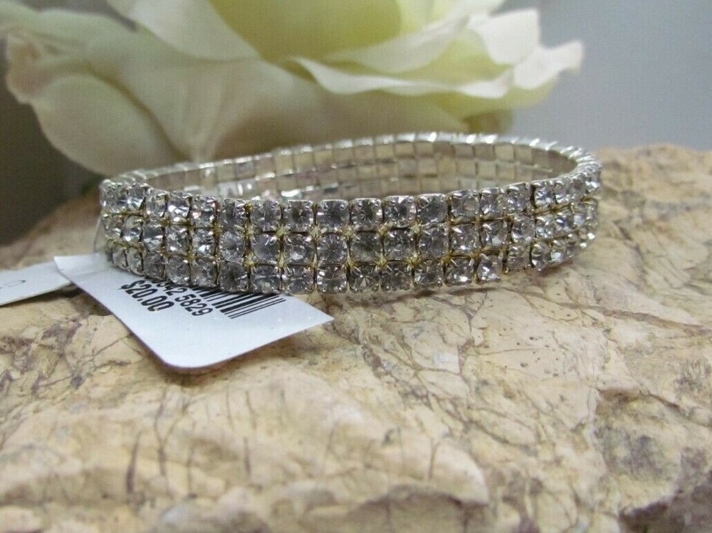 Charter Club Silver Tone Clear Crystal Stretch Bracelet $20.00 New