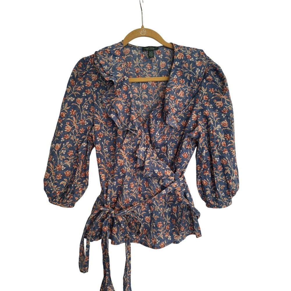 LRL Ralph Lauren Ruffle Floral Wrap Blouse Cottagecore Faded Blue/Red Sz XL/TG
