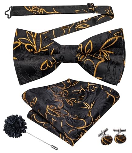 Men's Black Gold Floral Bow Tie Set with Pocket Square Lapel Pin & Cufflinks
