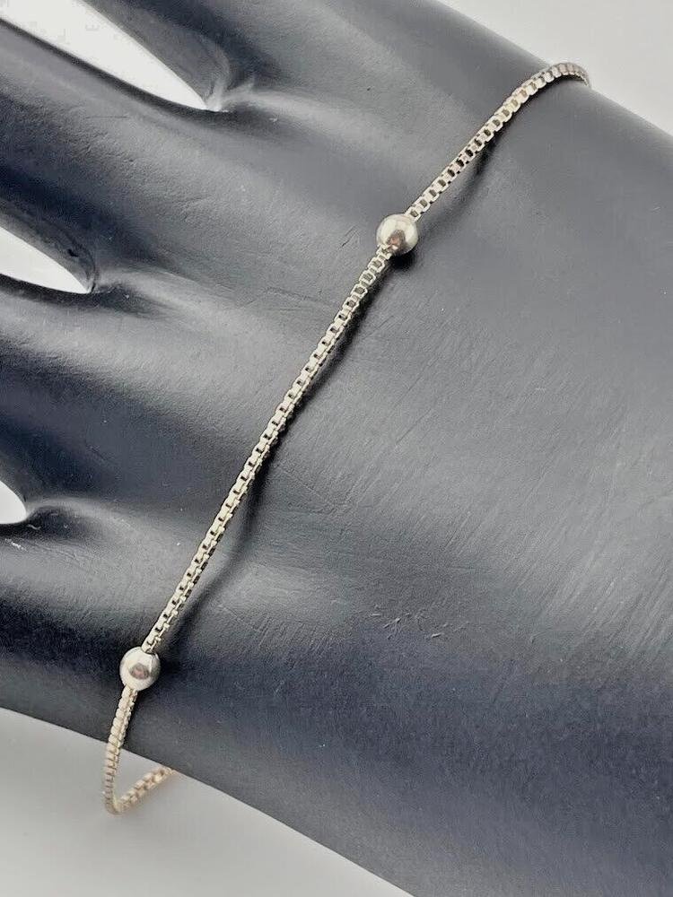 Italy 925 Sterling Silver 1mm Box Chain with 2.8mm Bead Station Anklet 9.75 Inch 1838