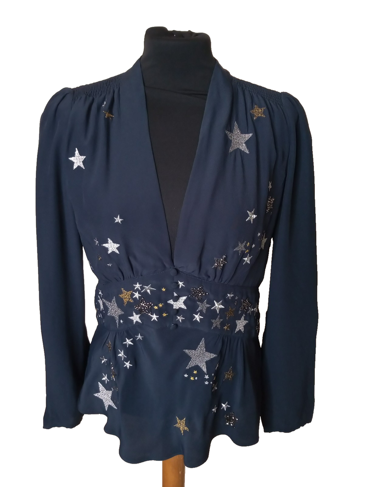 RIXO Pandora Star‑Embellished Embroidered Georgette Top Blue Size M UK 10 / 12