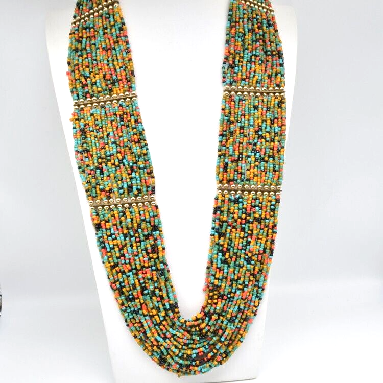 30-Strand Multicolor Seed Bead Necklace with Gold-Tone Beads 27 Inch Holiday Jewelry A138