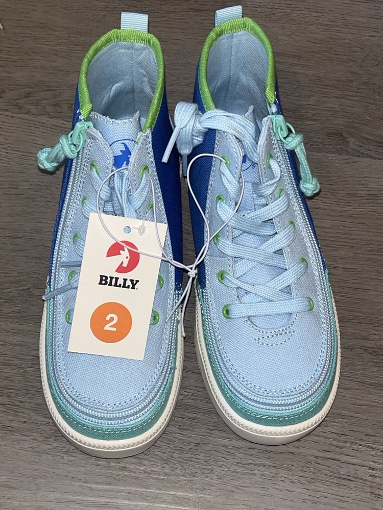 Billy Footwear Kids Size 2 High-Top Sneakers Blue Green Adaptive Zip Shoes NWT