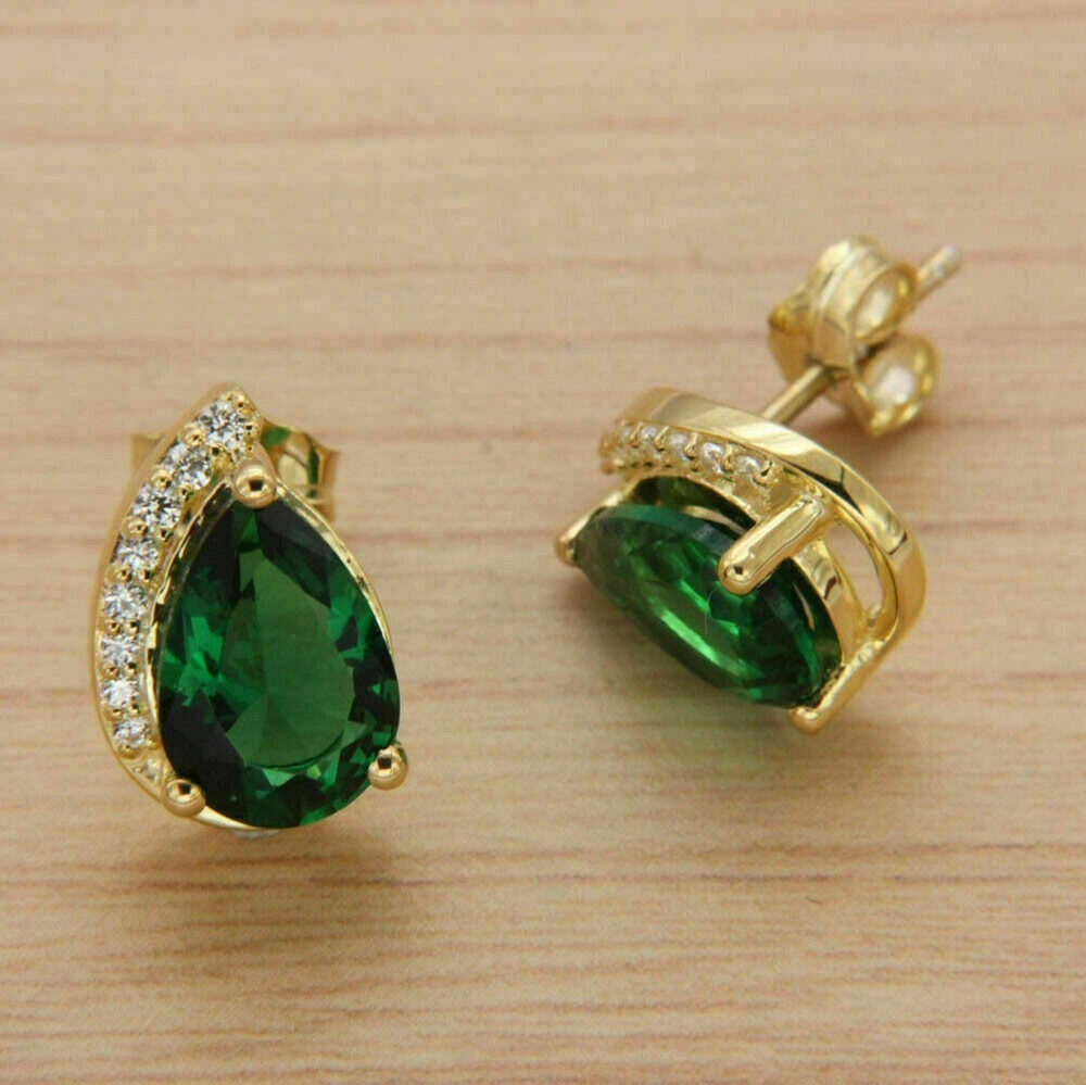 3Ct Pear Green Simulated Emerald and Diamond Stud Earrings in 14k Gold  