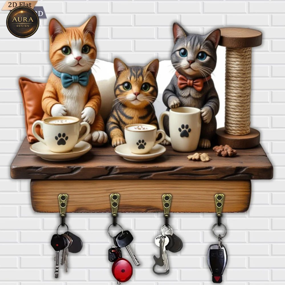 Wall Keychain 30cm - Cats at the Bar Organizer 2D 4 Hooks Entrance