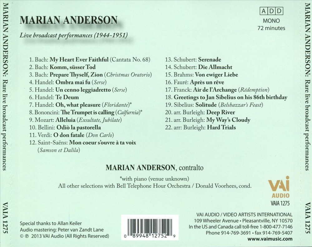 MARIAN ANDERSON MARIAN ANDERSON: RARE LIVE BROADCAST PERFORMANCES NEW CD