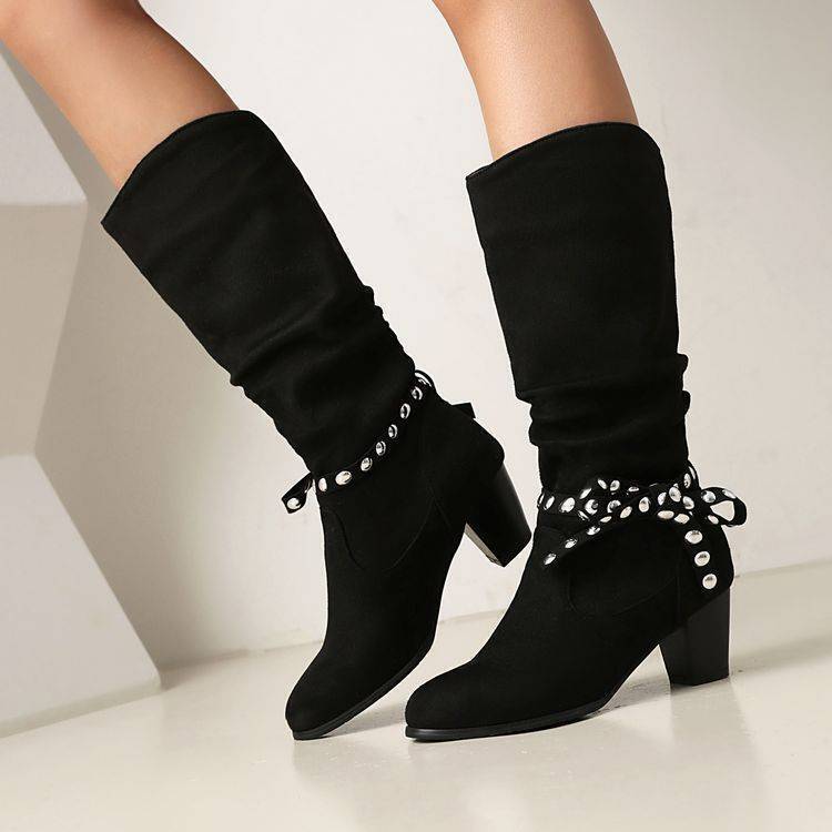 Chic Women's Faux Suede Bowtie Rivet Mid Heel Pull-On Boots