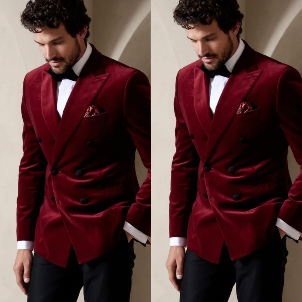 Burgundy Velvet Men's Suit Peak Lapel Prom Party Tuxedo Jacket Regular Fit 2Pcs