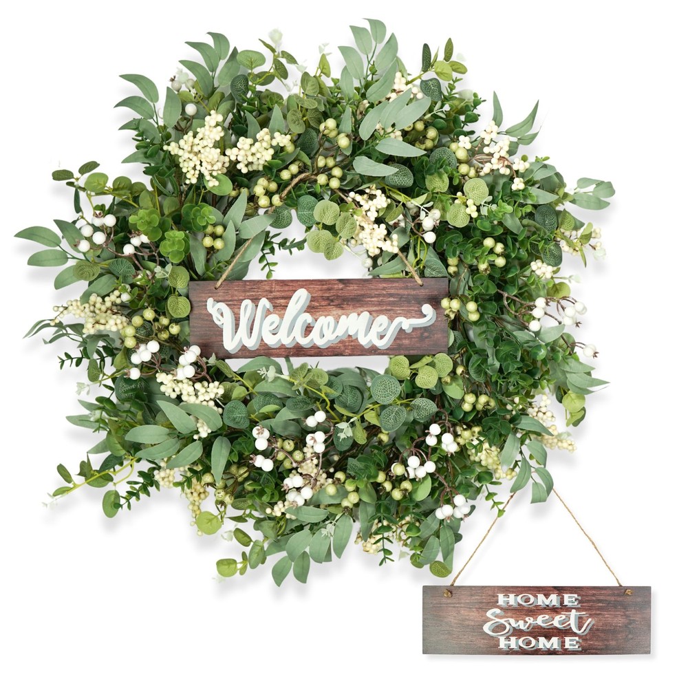 24-Inch Artificial Eucalyptus and Boxwood Wreath with Berries for Indoor or Outdoor Use