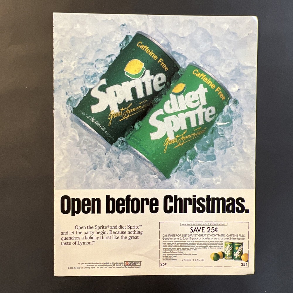 1986 Vintage Sprite Diet Sprite Caffeine Free Cans Coupon Lymon Print Ad-image