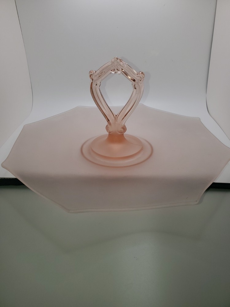 Pink Frosted Depression Glass Tray Sandwich Plate Octagon Handle Serving Platter