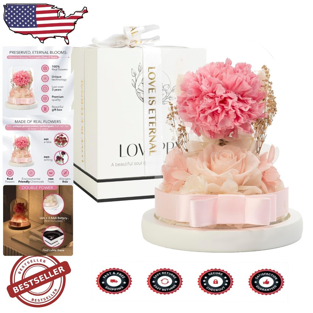 Timeless Preserved Rose & Carnation in Glass Dome - Romantic Home Decor Gift