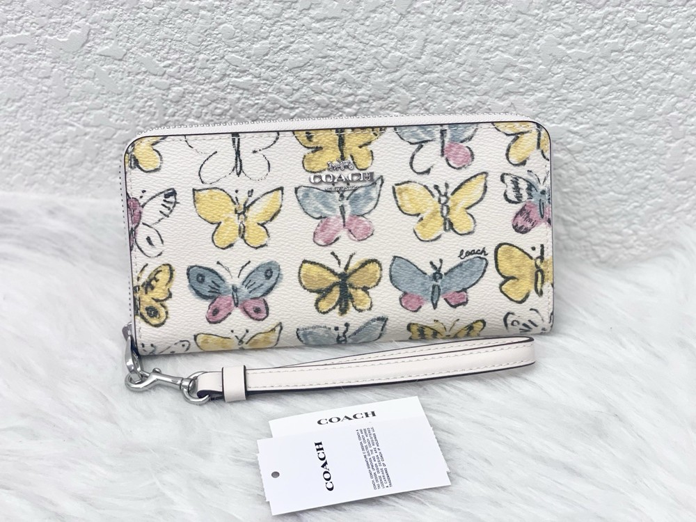 COACH Butterfly Print Zip Around Wallet Wristlet in Chalk Multi NWT CAO82