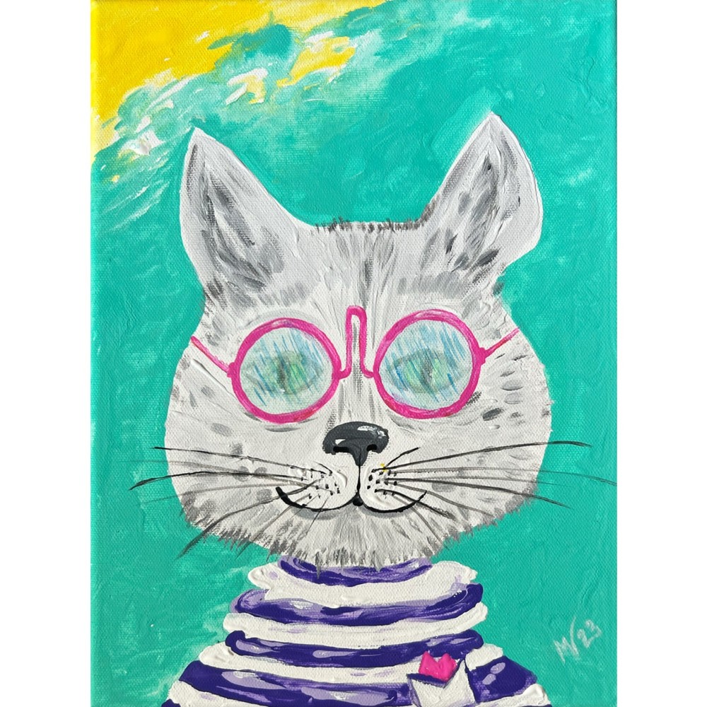 Hipster Cat Jacket Original Acrylic Painting Pet Portrait Wall Art Cool Cat Wall