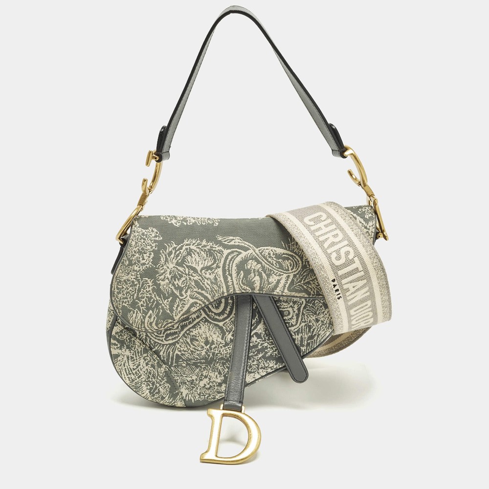 Dior Saddle Grey Embroidered Canvas Shoulder Bag