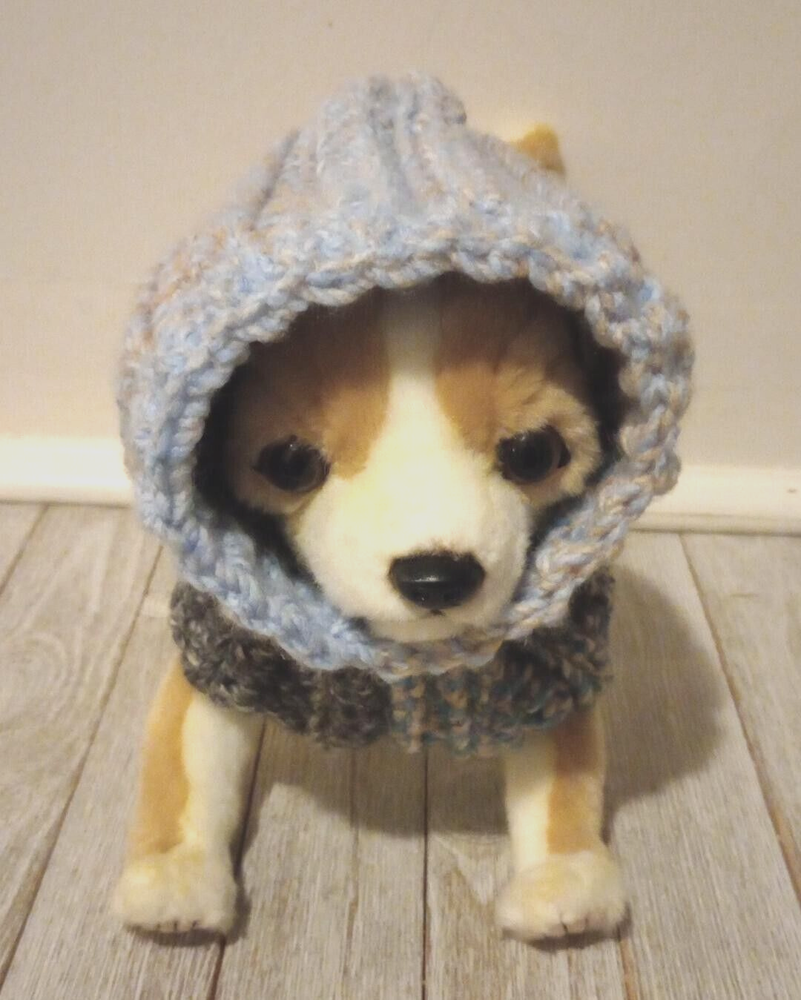 crochet handmade dog pet hood hat snood small medium breed jigsaw blue USA
