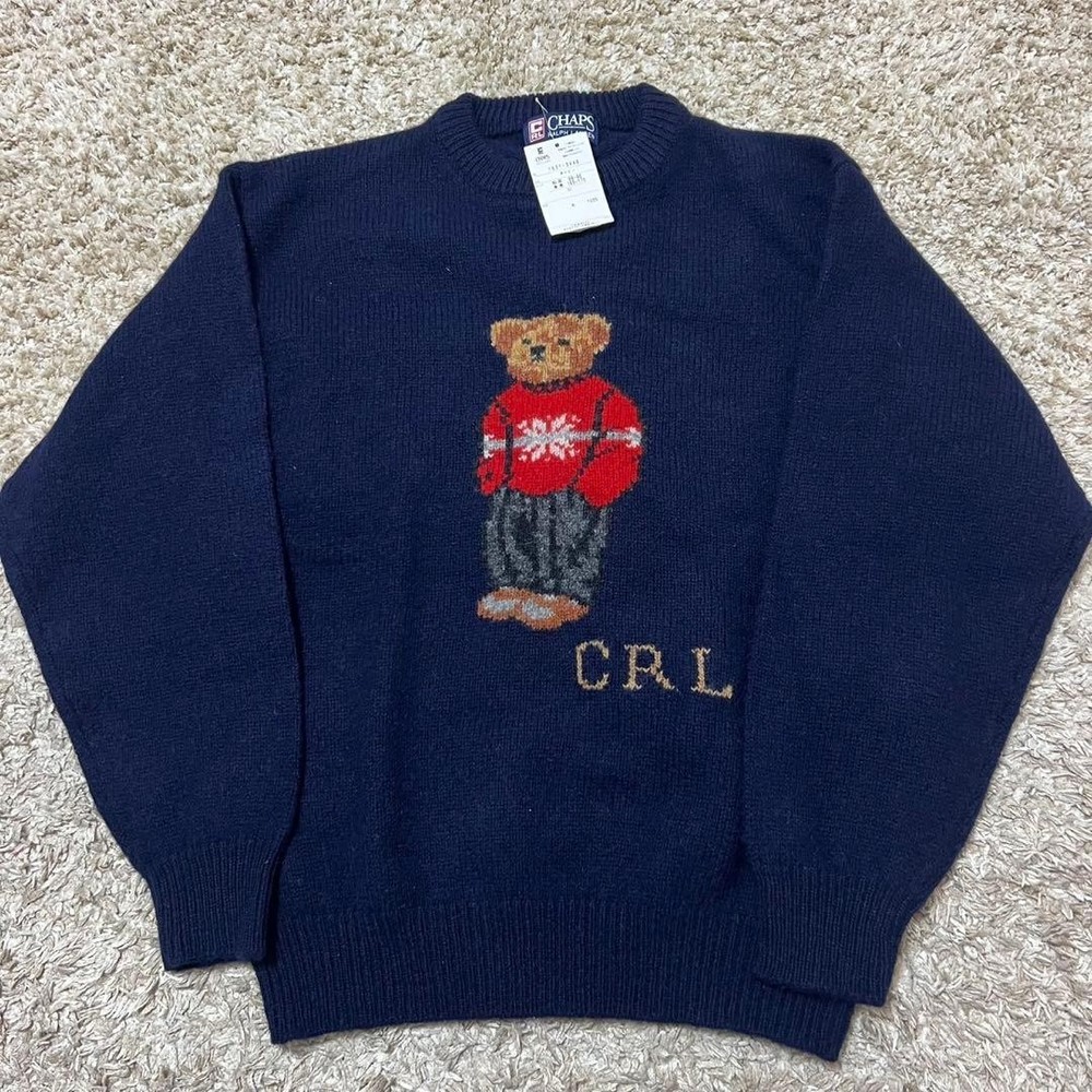 Chaps Ralph Lauren Polo Bear Knit Sweater Navy 100% Wool L Size Vintage Rare USA