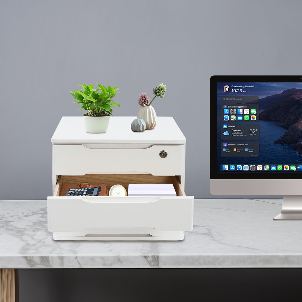 15.35 in White Desktop Organizer Storage Box Desk Drawers Locking Filing Cabinet