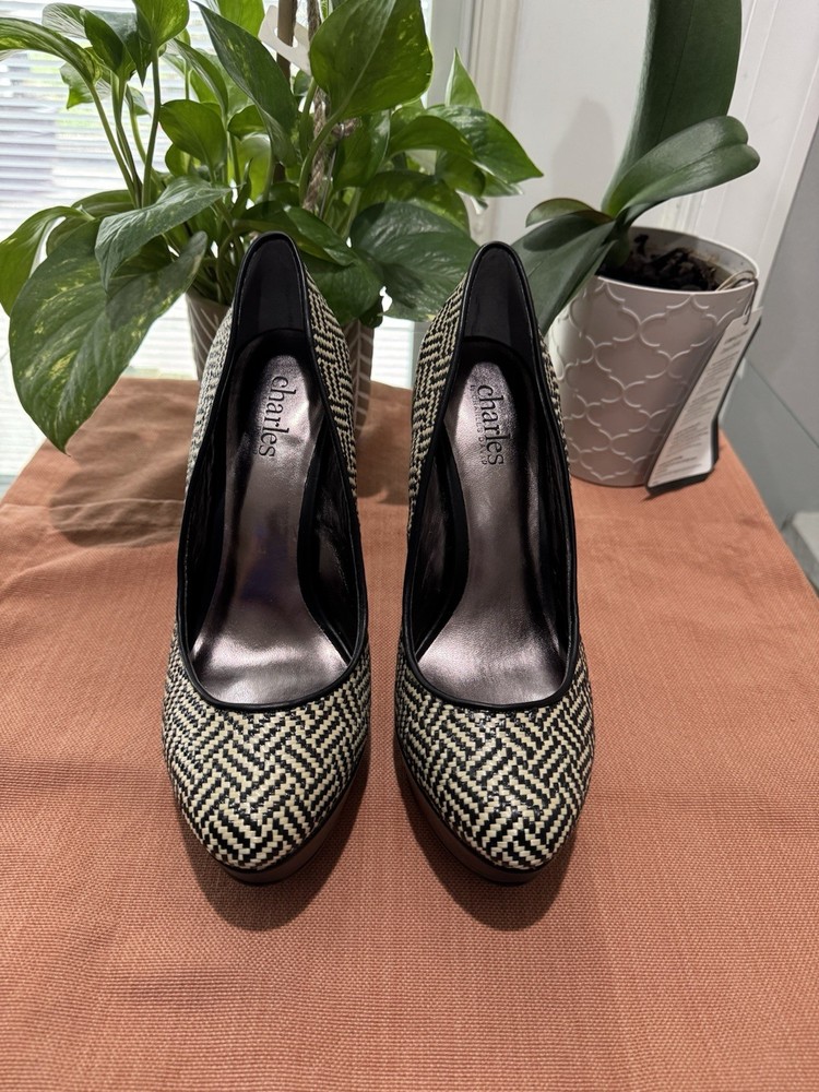 Charles By Charles David Pure Black Raffia Platform Heels