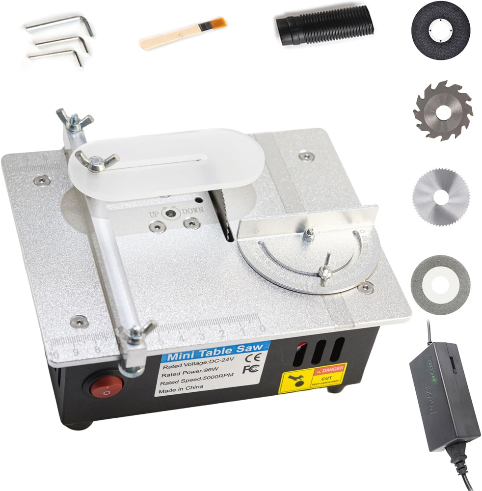 96W Mini Table Saw with 7.1x5.5-Inch Work Area for Precise Cutting Up to Specified Thickness