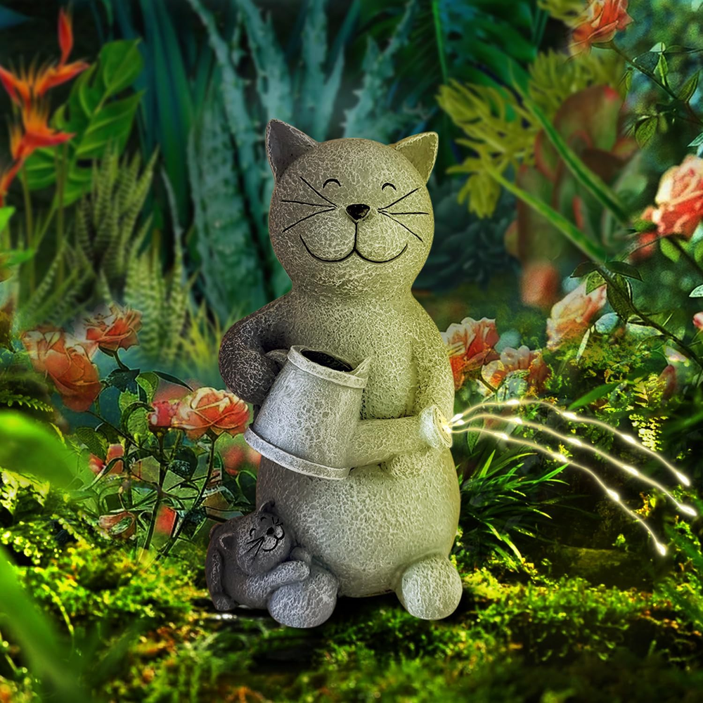 Solar Cat Outdoor Statue Figurine Lights Loving Cat Patio Balcony Yard Grandma