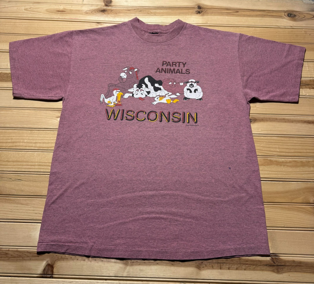 Vintage 80s 90s Party Animals Cartoon Wisconsin Funny Souvenir Shirt Size Large